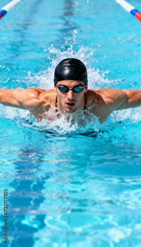Young man swimming butterfly stroke in pool, splashing clear blue water