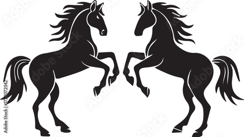 Two black horses silhouettes reaching upwards in an elegant and minimalist style
