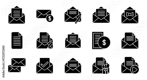 A versatile set of black glyph icons representing email, mail, and digital messaging for modern communication interfaces and web design