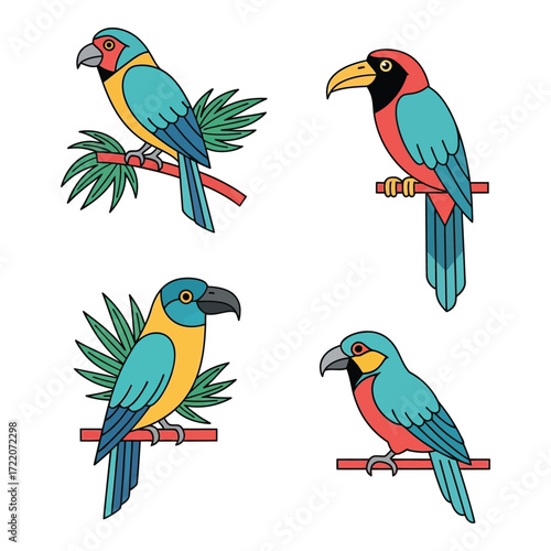 Colorful tropical parrots perched on branches four distinct exotic bird illustrations