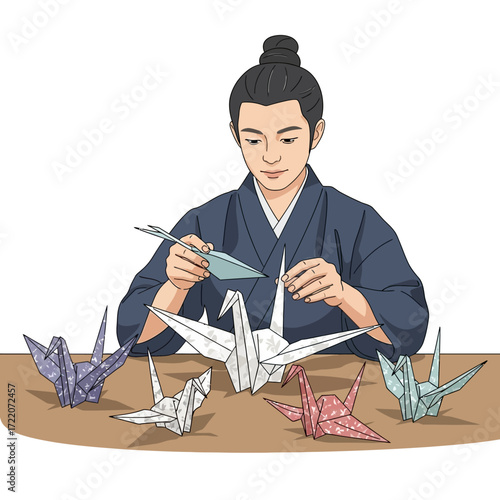Creative artist skillfully folding intricate origami cranes for artful display, embodying peace and tradition in a modern design for cultural projects