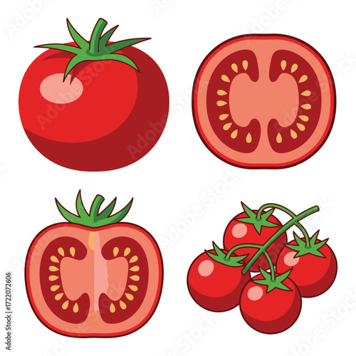 Fresh ripe tomatoes whole and sliced food photography for healthy eating recipes