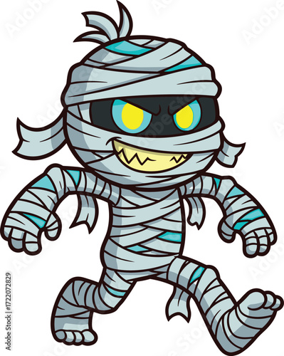 Cartoon mummy character with glowing eyes, teal bandages, sharp teeth, walking pose, spooky undead monster, Halloween illustration design