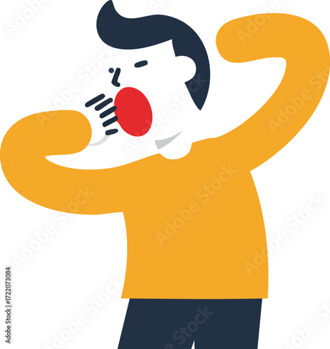 Person yawns with hand raised to mouth in a tired gesture