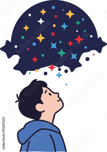 Boy looking up at a sky full of colorful stars imagination concept