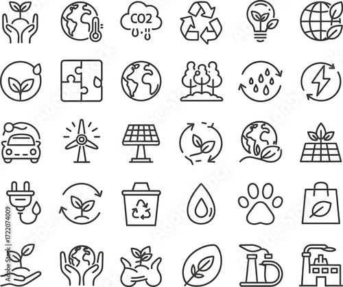 Collection of hand drawn eco friendly icons representing sustainability and environmental protection