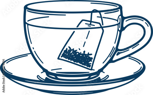 Hand drawn sketch of a clear glass teacup with a tea bag steeping in hot water on a saucer