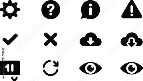 Collection of black and white vector icons representing common digital interface actions and information symbols