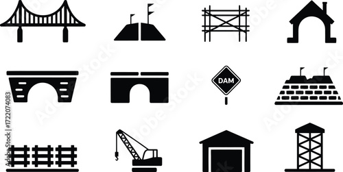 Collection of black and white silhouette icons representing various construction and infrastructure elements and buildings