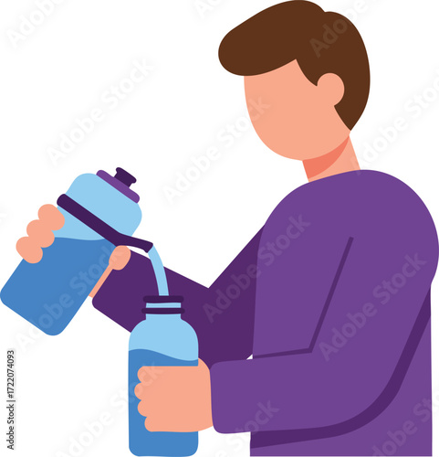 Person pours liquid into bottle, staying hydrated, daily routine