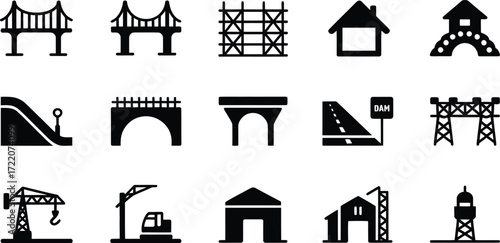 Collection of black and white silhouette icons representing various structures and construction elements
