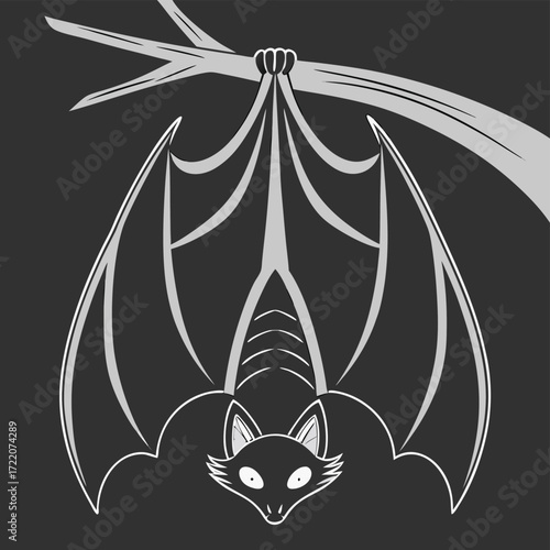 Vector art of stylized illustration of a bat hanging upside down from a tree branch, with its wings spread wide
