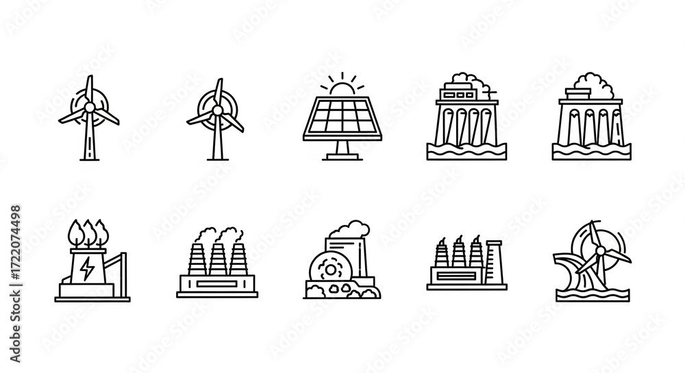 Fototapeta premium Black and white line art icons of renewable energy sources.