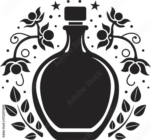 Vintage wine bottle with grapes and vine decorative frame illustration