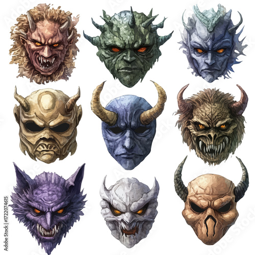 watercolor of Slovenian Demonic Masks, vector, isolated on a white background.