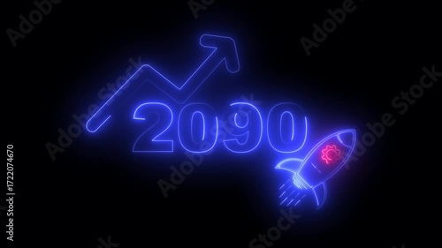 Wallpaper Mural Blue neon 2090 year with upward arrow graph and rocket ship icon on black background new year Torontodigital.ca