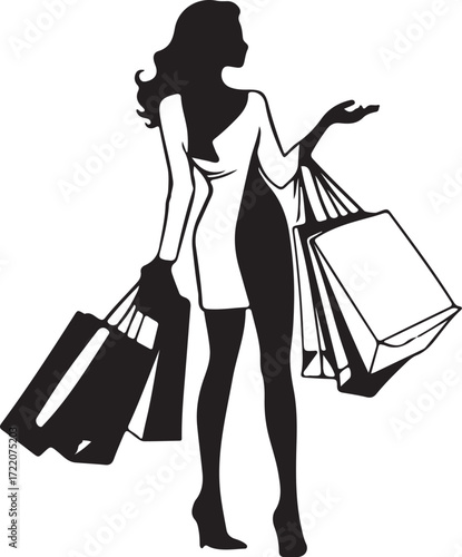 A woman holding paper bags after shopping vector black color silhouette
