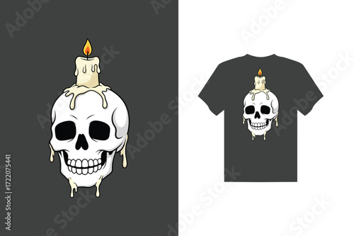 Grinning skull with candle on top melting t shirt vector design
