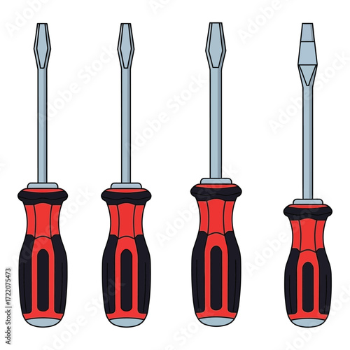 Four red and black screwdrivers standing up straight ready for work