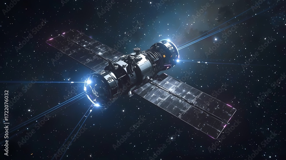 Fototapeta premium Futuristic Satellite with Solar Panels in Outer Space Advanced Space Technology Concept