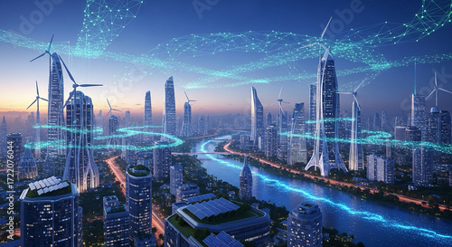 Digital glowing city skyline powered by renewable grids.