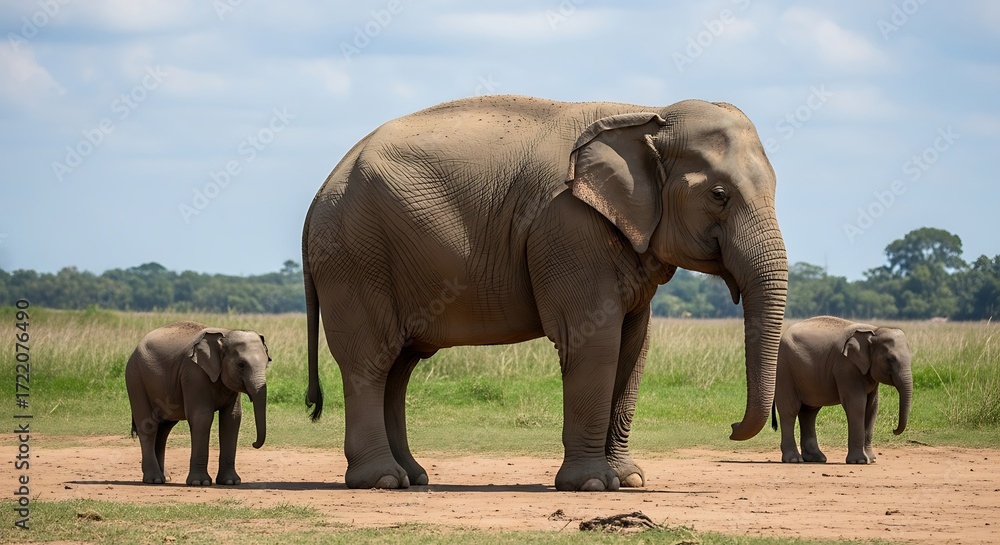 Fototapeta premium Majestic Asian elephant with two calves in a vast, open field under a bright sky, showcasing family bonds in the wild.