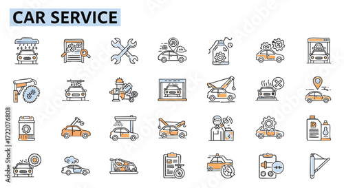 Comprehensive Collection of Car Service and Repair Icons for Automotive Industry Use