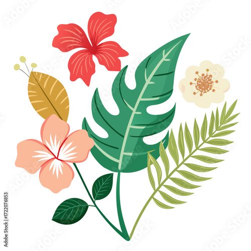 Tropical flower and leaf arrangement evokes summer vibes, perfect for vibrant designs, seasonal promotions, and creative projects needing a fresh botanical touch