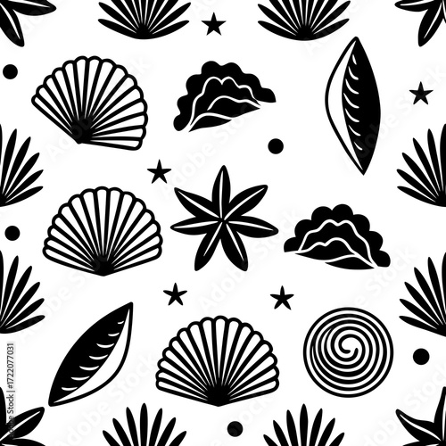 Trendy Monochrome Seamless Pattern with Seashells, Stars, and Geometric Shapes for Modern Textiles and Stylish Backgrounds, Aesthetically Pleasing Design for Fashion and Home Decor