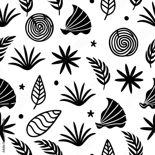 Bold botanical pattern with tropical leaves, stars, and abstract shapes for modern textiles, wallpaper, and creative designs, a striking monochrome nature print, originally vector