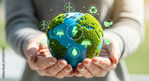 Hands holding small globe with green leaves and renewable energy icons around it.