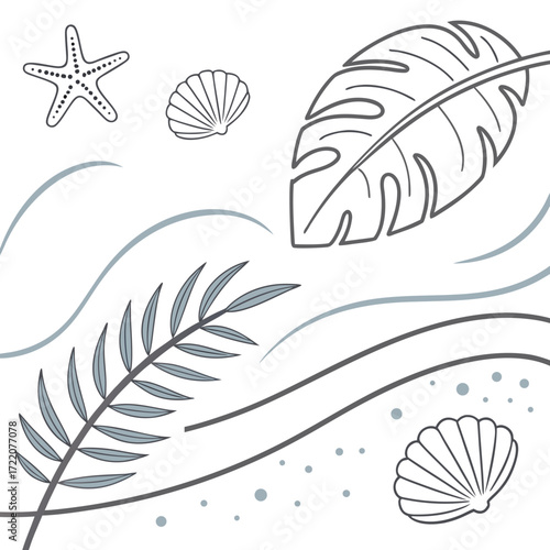 Dreamy coastal vibes evoke summer serenity with delicate seashells, starfish, and swaying palms, perfect for vacation promos, beach-themed decor, and breezy coastal designs