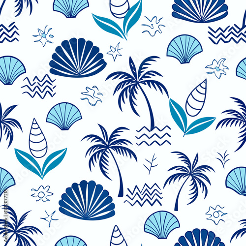 Dreamy tropical escape with a playful hand-drawn seamless pattern evoking summer vibes and coastal charm featuring seashells, palm trees, and ocean waves in cool blue hues