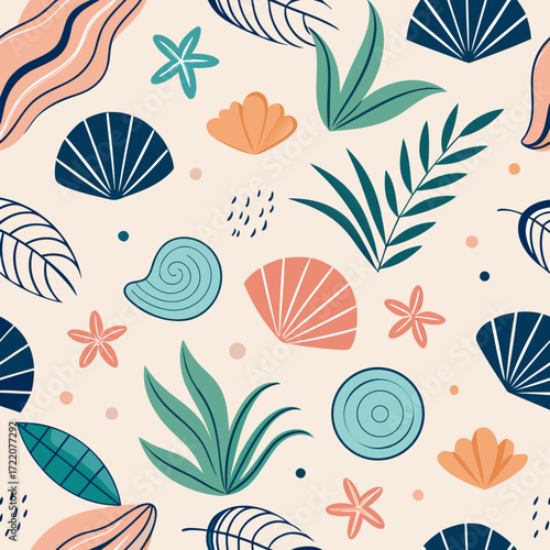 Seashell and Leaf Pattern in Soft Earth Tones for a Calming, Natural Vibe, Perfect for Summer Designs, Coastal Decor, or Beach-Inspired Projects, originally a scalable vector graphic