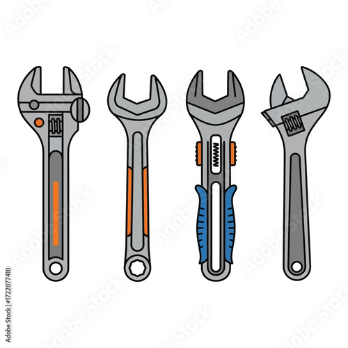 Set of four adjustable wrenches and open-end wrenches for home improvement and diy projects