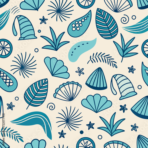 Whimsical teal ocean life pattern for summer projects, charming beach designs featuring starfish, seashells, and seaweed, perfect for coastal themed crafts and fabrics, originally a scalable graphic