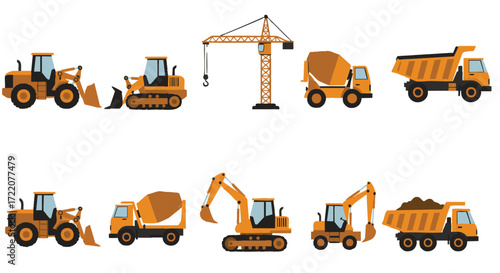Collection of construction vehicle illustrations including excavators, cement mixers, dump trucks, bulldozers, and cranes, ideal for industry and heavy machinery themes