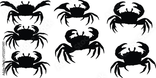 Black crab silhouette vector illustration set, sea animal design, marine creature clipart, seafood icon, ocean life graphic, crustacean art