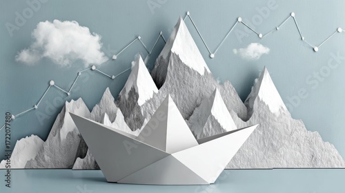 3D Render Paper Boat Navigating Growth Chart Mountains, Growth, Success Stock photo, 3D rendering