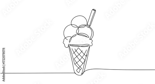 Outline drawing of ice cream cone with three scoops and straw in minimalist style with copy space