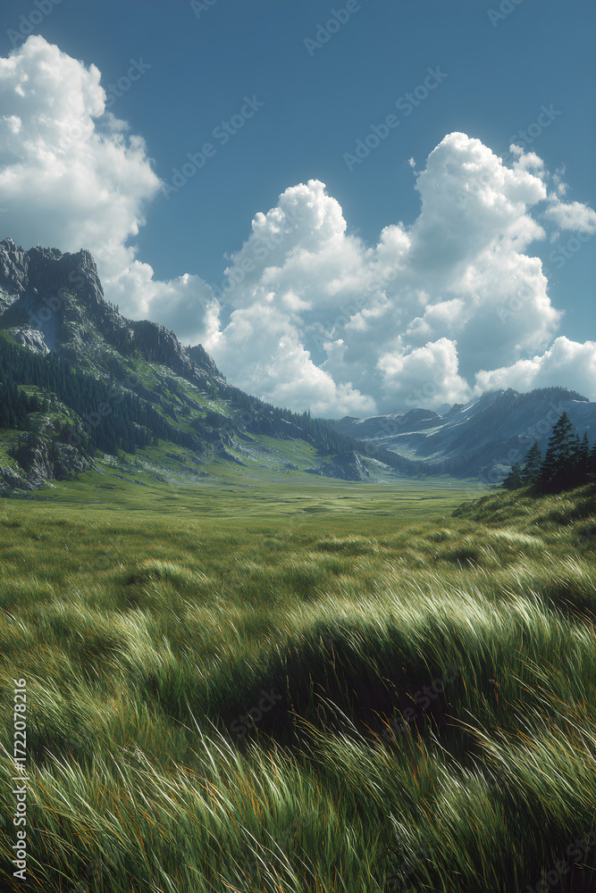 Fototapeta premium Exploring the Serene Beaut of Green Meadows: A Journy Through Nature's Tranqui Landscapes