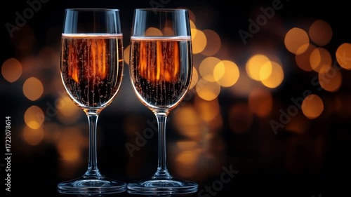 Two glasses of champagne with a festive bokeh effect – celebration and romance. An elegant video featuring two glasses of champagne with sparkling bubbles against a festive bokeh background           