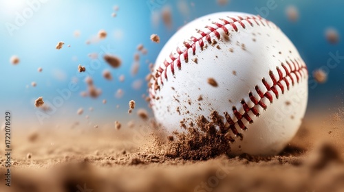 Baseball rolls on dirt field while dirt flies up in the air during afternoon game