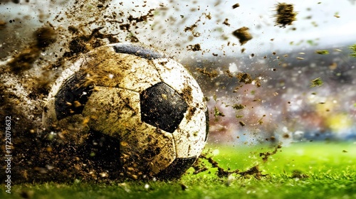 Exciting moment during a soccer match as the ball is kicked and dirt flies in the air