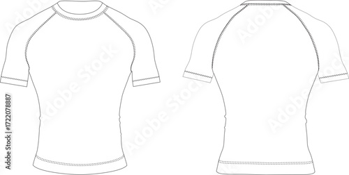 "Blank rashguard technical flat sketch, front and back view. Fashion vector template for apparel design, clothing mockup, and garment illustration."