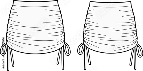Ruched skirt fashion illustration, side drawstring detail, gathered fabric texture, adjustable length design, stylish apparel sketch, garment construction, clothing design concept