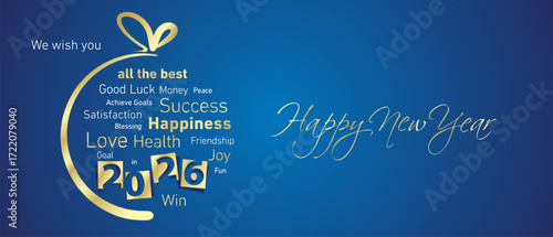 Happy New Year 2025 golden negative space numbers abstract christmas ball wordcloud text white blue background vector greeting card