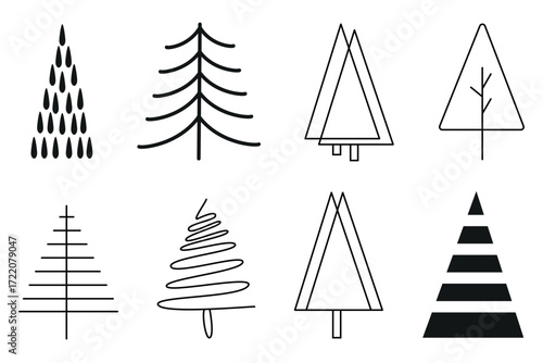 Set of abstract minimal Christmas tree icons in geometric line style. Modern holiday symbols, vector illustration