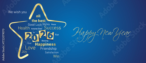 Happy New Year 2026 golden negative space numbers abstract christmas star wordcloud text white blue background vector greeting card