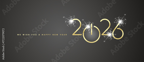 We wish you a Happy New Year 2026 eve golden shining rounded typography sparkle firework black background banner with turn on start button